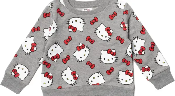 Szara bluza z dziewczęcym nadrukiem Hello Kitty i czerwonymi kokardkami.